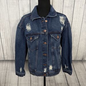 Celebrity Pink Women's Small Blue Distressed Button-Front Denim Jean Jacket